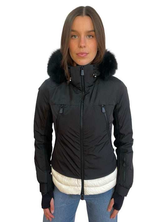 Moncler Black / Cream Coyote Trim Hooded Puffer Jacket. Size: XS/ S