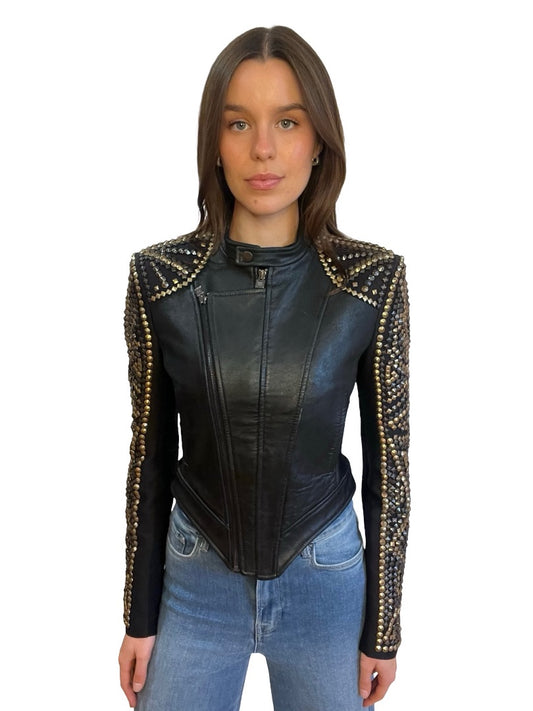 Herve Leger Black/Gold 'Devon' Studded Leather Jacket. Size: S