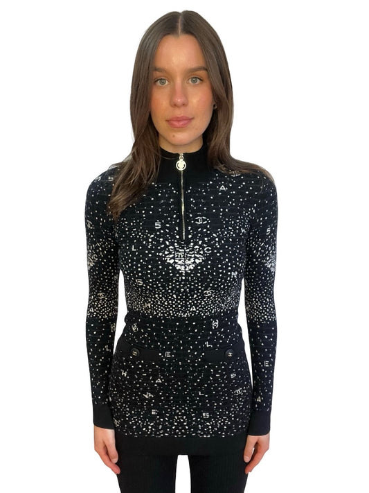 Chanel Black Wool Zip Top / Dress W Back Logo. Size: 34