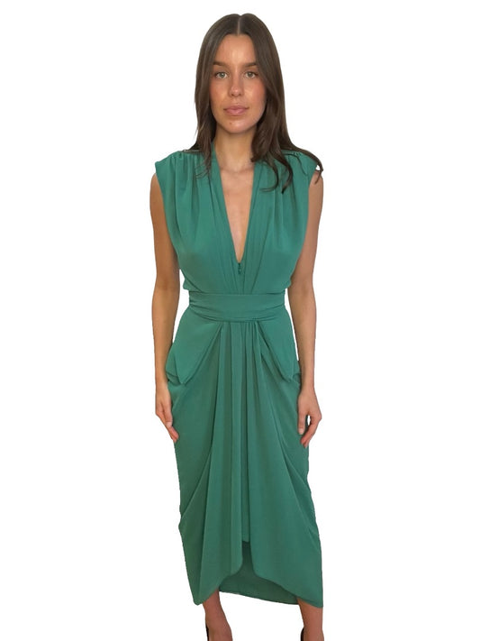 Carla Zampatti Green Chiffon Gathered Dress. Size: 10