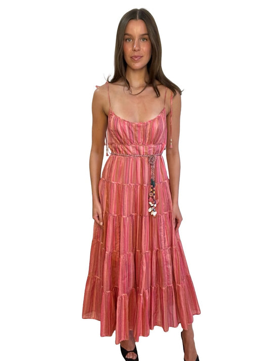 Zimmermann Pink Long Tiered Stripped Spegetti Strap Maxi Dress. Size: 2