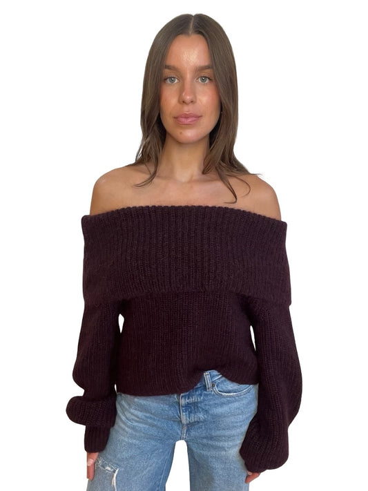 Husk Maroon Wool/Mohair Off Shoulder Knit. Size: M