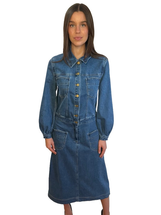 Flannel Blue Denim Dress Long-Sleeve with Pocket Detail. Size: M