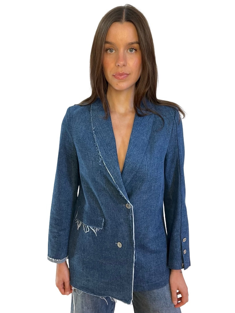 Gate31 Blue Frayed Denim Coat. Size: S