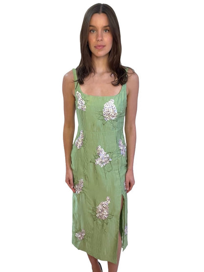 & Other Stories Green / Purple Sleeveless Embroidered Midi Dress w/ Flower Bunches. Size: 36