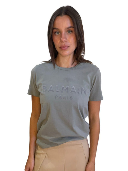 Balmain Sage Green W Gold Hardware T Shirt. Size: S