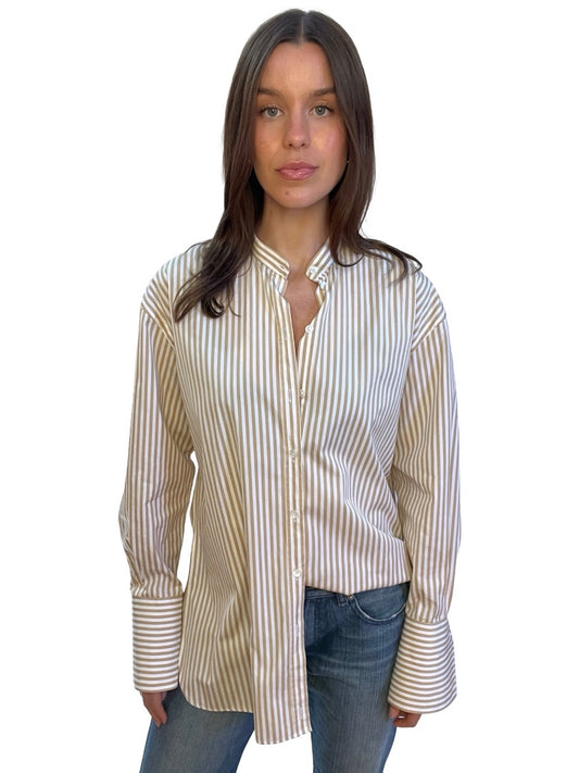 Scanlan Theodore White / Brown Striped Shirt w/ Side Slit. Size: 8
