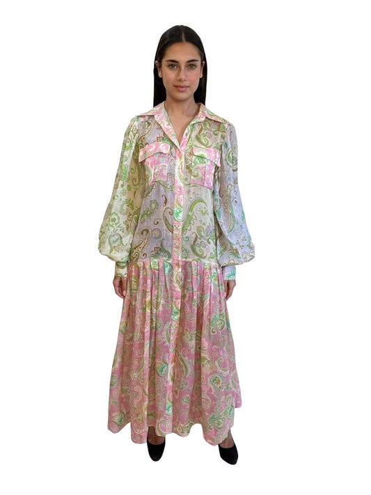 Alemais Pink / Green Marta Patchwork Shirt Dress. Size: 8