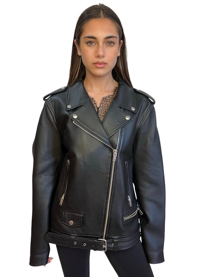 Ena Pelly Black Biker Leather Jacket. Size: 12