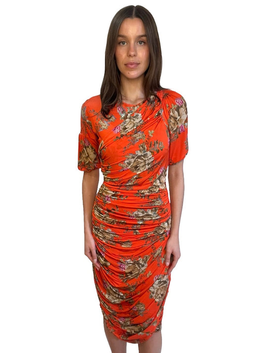 Preen By Thorton Bregazzi Orange Ruched Floral Print Dress. Size: XS