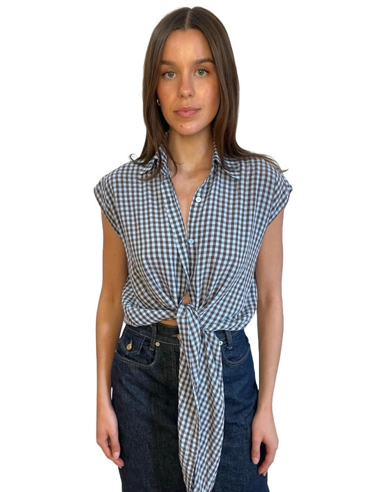 Scanlan Theodore Blue / Brown Gingham Sleeveless Tie Top. Size: 6
