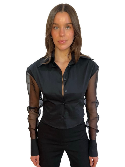 aaizél Black Silk Organza Sleeve Shirt. Size: 8