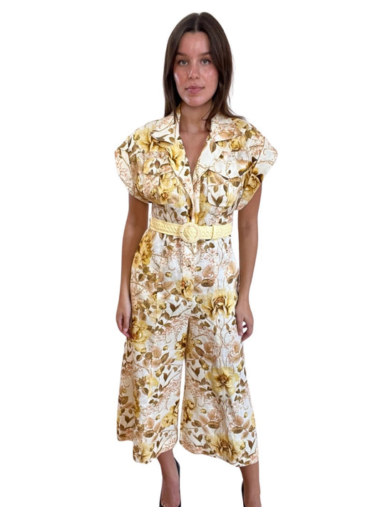 Zimmermann Yellow & Multicolour Rosa Roll Cuff Jumpsuit Floral Print. Size: 0