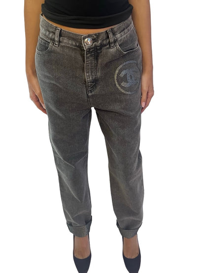 Chanel Grey Metallic Thread Jeans w/ Logo. Size: 40