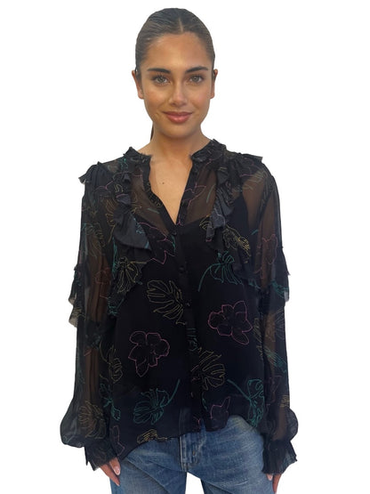 Husk Black Leaf Print Silk Blouse. Size: 12