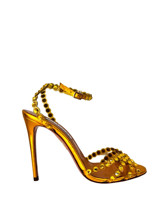 Aquazzura Yellow/Gold Plexi Rhinestone Embellished Strappy Heels. Size: 37.5