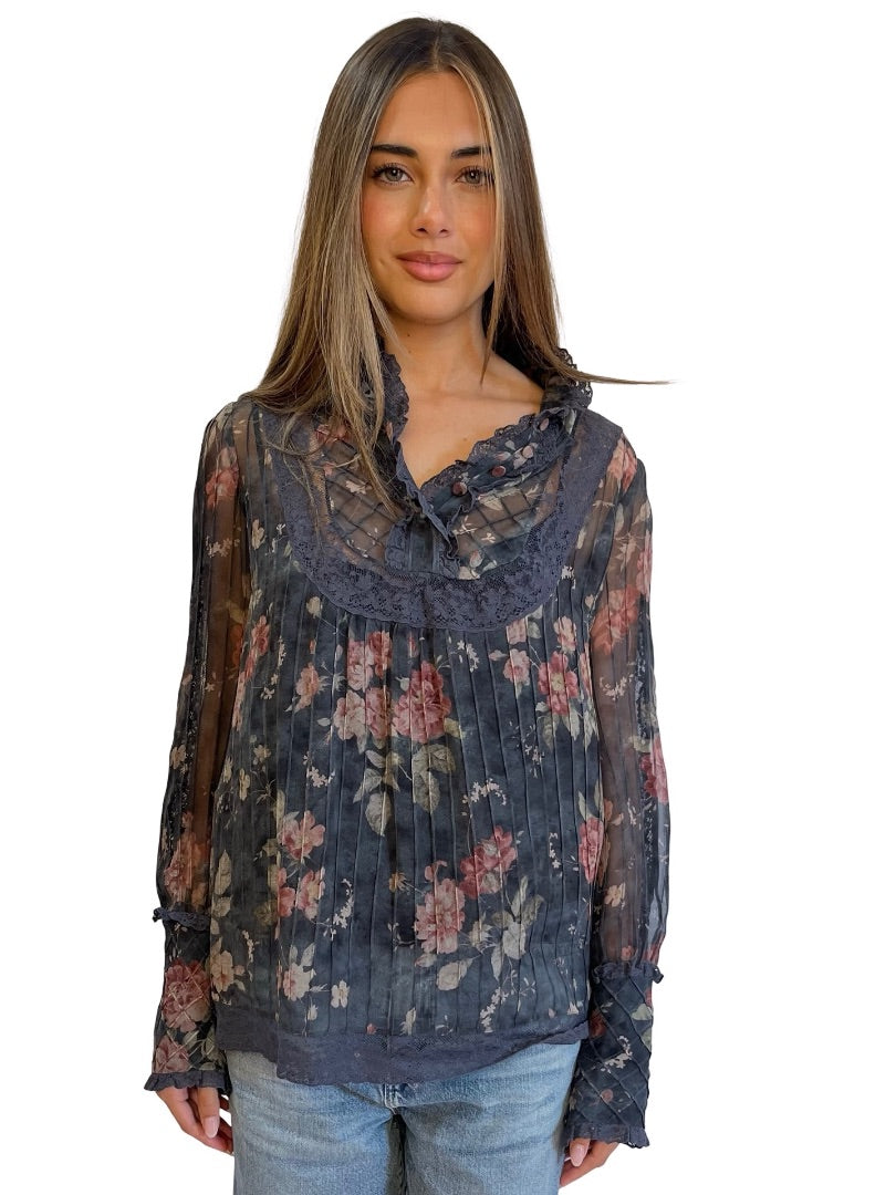 Zimmermann Grey Floral Print Silk Blouse w/ Lace Trim. Size: 0