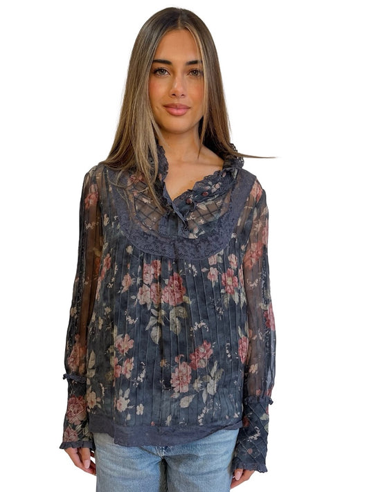 Zimmermann Grey Floral Print Silk Blouse w/ Lace Trim. Size: 0