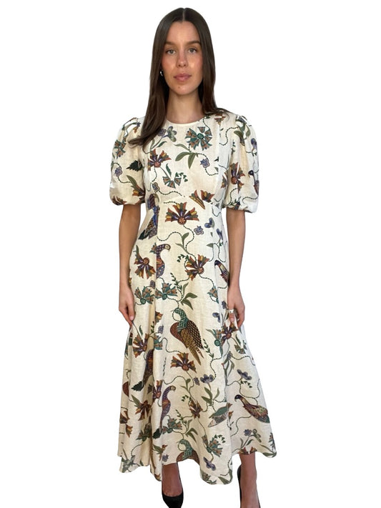 Alemais Neutral / Multi-Colour Birdie Linen Midi Dress. Size: 10