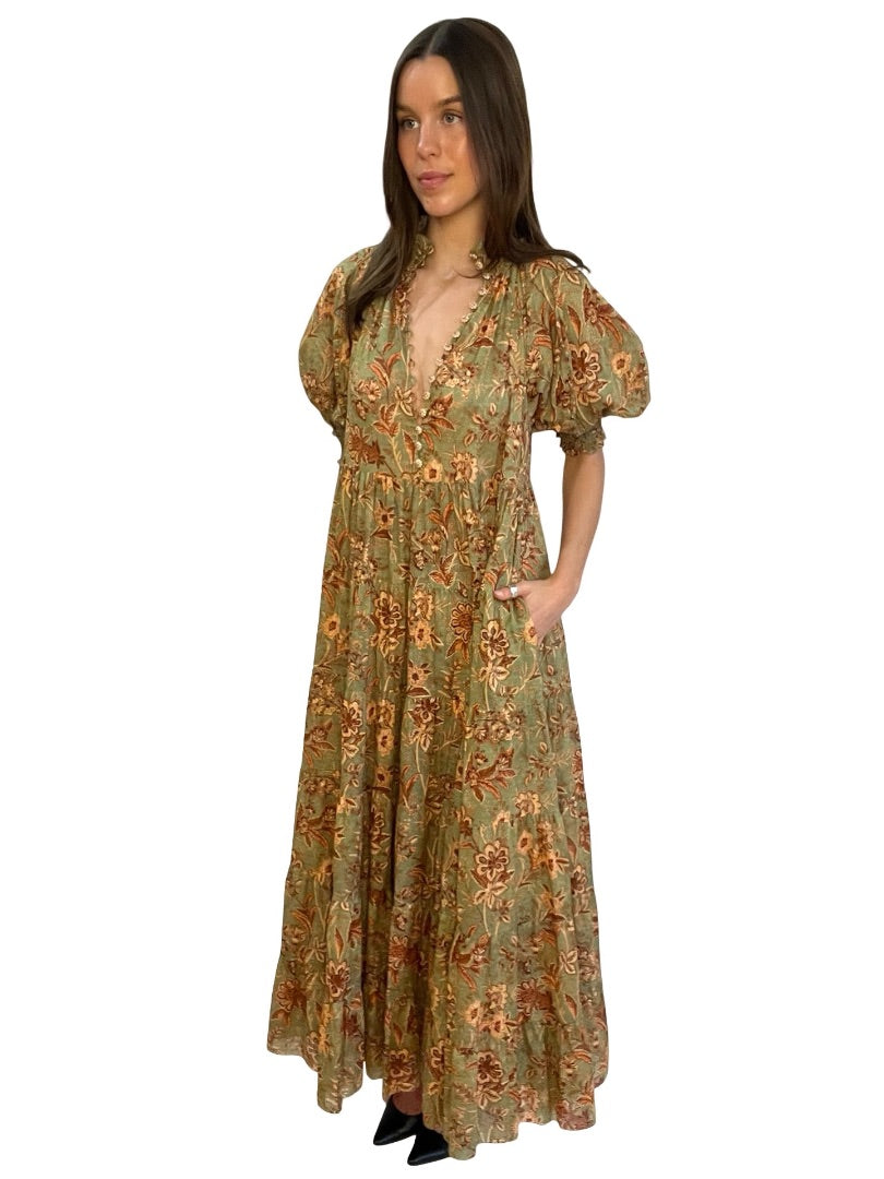 Zimmermann Green / Orange Junie Floral Cotton Maxi Dress. Size: 2