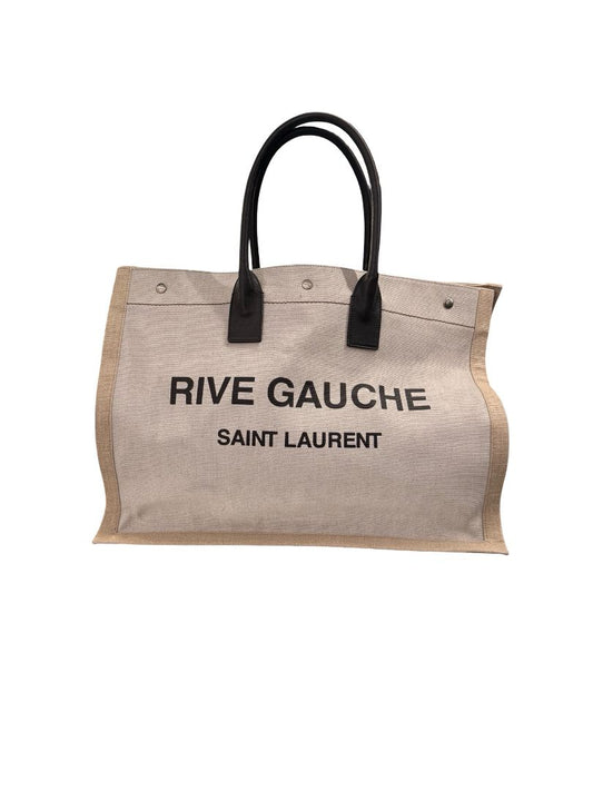 Saint Laurent Off White/Black 'Rive Gauche' Canvas Tote Bag.
