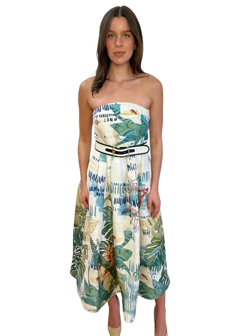 Leo Lin White Multicolour Print Strapless Puff Dress. Size: 10