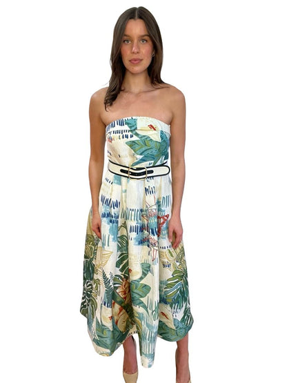 Leo Lin White Multicolour Print Strapless Puff Dress. Size: 10