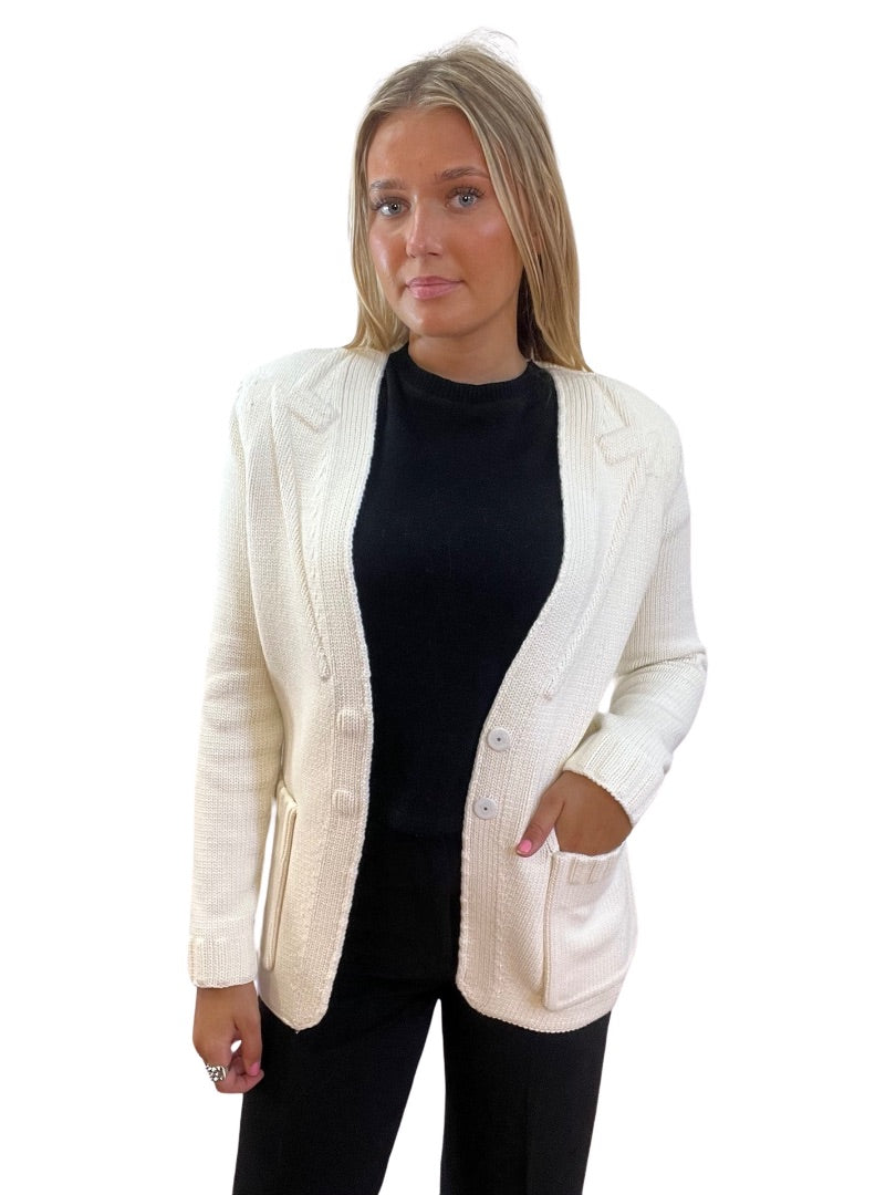 Fendi White Cardigan w Shoulder Pads and Pockets. Size: 36