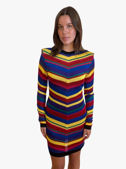 Balmain Multi-Colour Chevron Striped Knitted Mini Dress. Size: 40