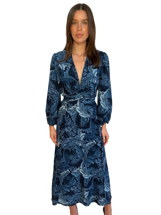 Scanlan Theodore Blue Leaf Print V Neck Dress. Size: 8