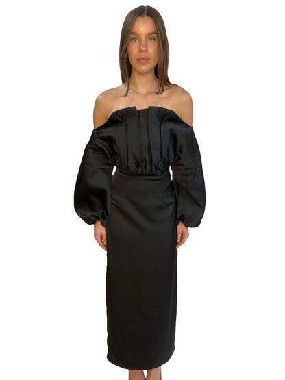 By Malina Black Satin Off The Shoulder Dress. Size: 8
