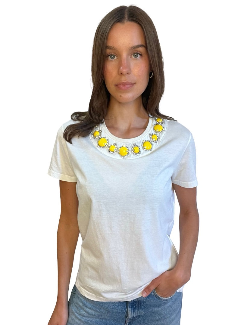Prada White T-Shirt w/ Embellished Neck. Size: S/M