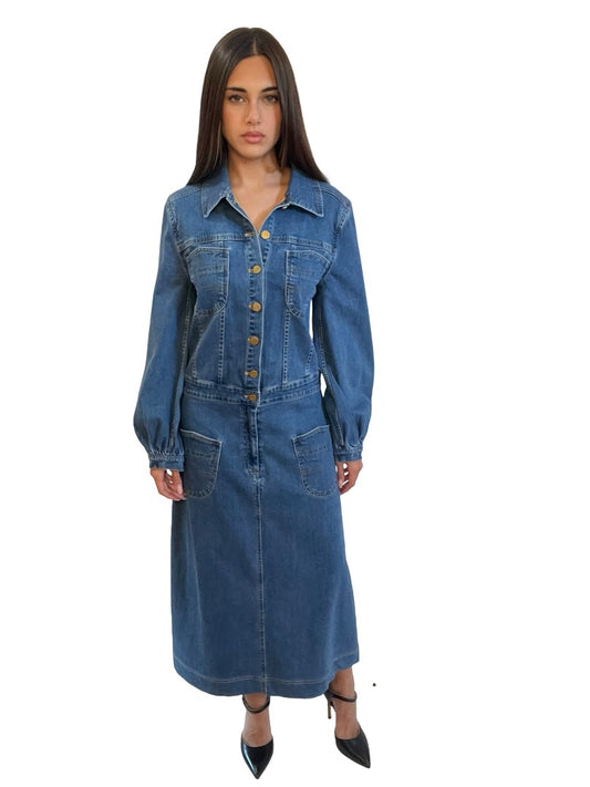 Flannel Blue Denim Dress Long-Sleeve with Pocket Detail. Size: M