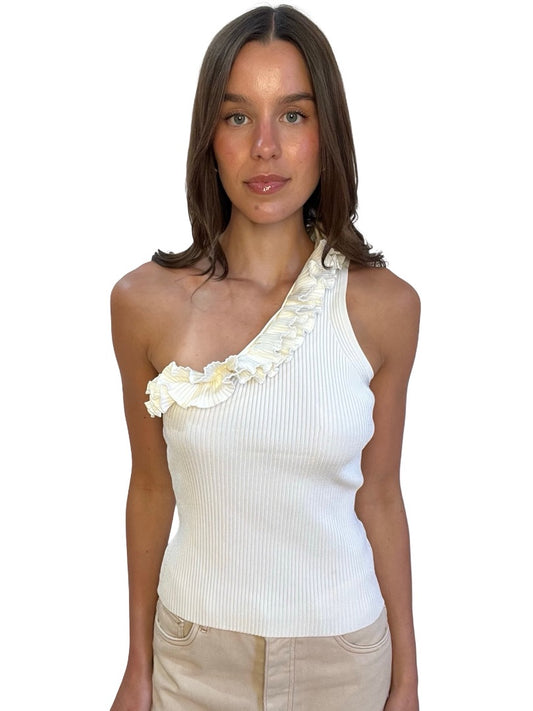 Zimmermann Cream One Shoulder Frill Ribbed Tank. Size: 1