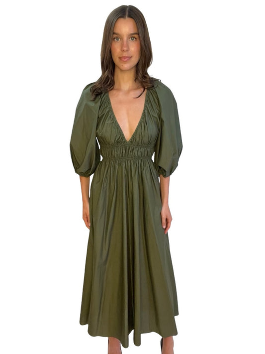 Matteau Olive Green Cotton Puff Sleeve Midi Dress. Size: 1