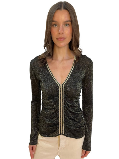 Peter Pilotto Black/Gold Metallic Gathered Long Sleeve Top. Size: M
