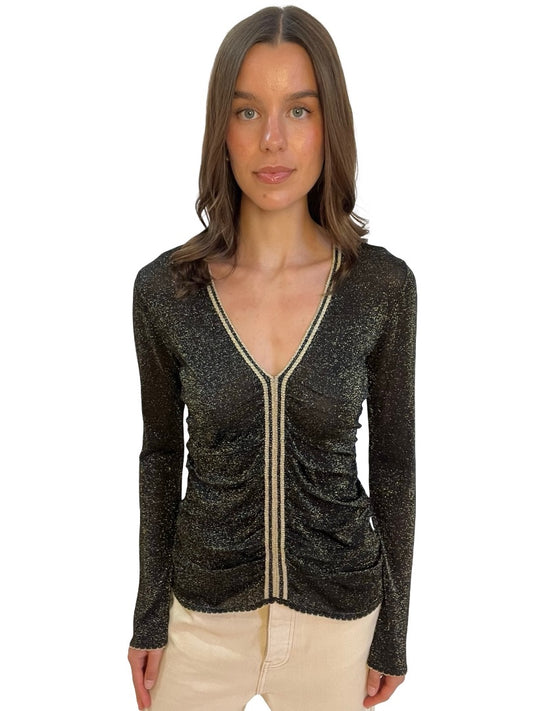 Peter Pilotto Black/Gold Metallic Gathered Long Sleeve Top. Size: M