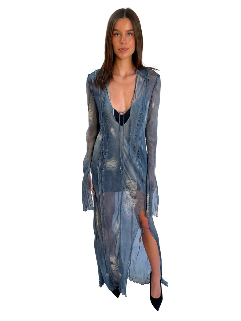 Acne Studios Blue Denim Print Sheer Dress. Size: 40