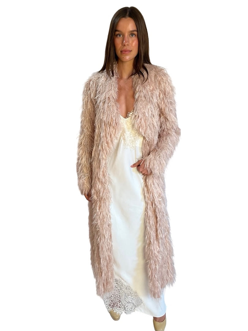 Dries Van Noten Light Pink Rolana Tris Shaggy Long Coat. Size: 38
