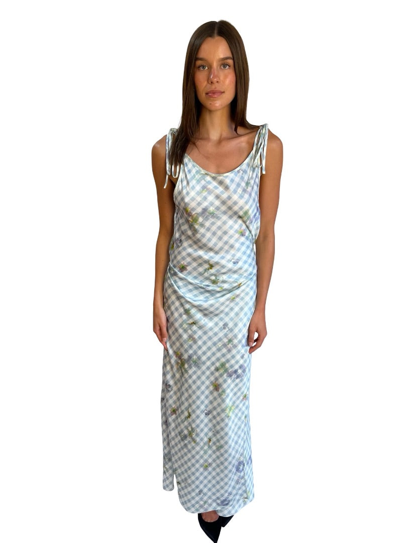 Acne Studios Blue / Multi-Colour Gingham & Floral Print Strap Dress. Size: 40