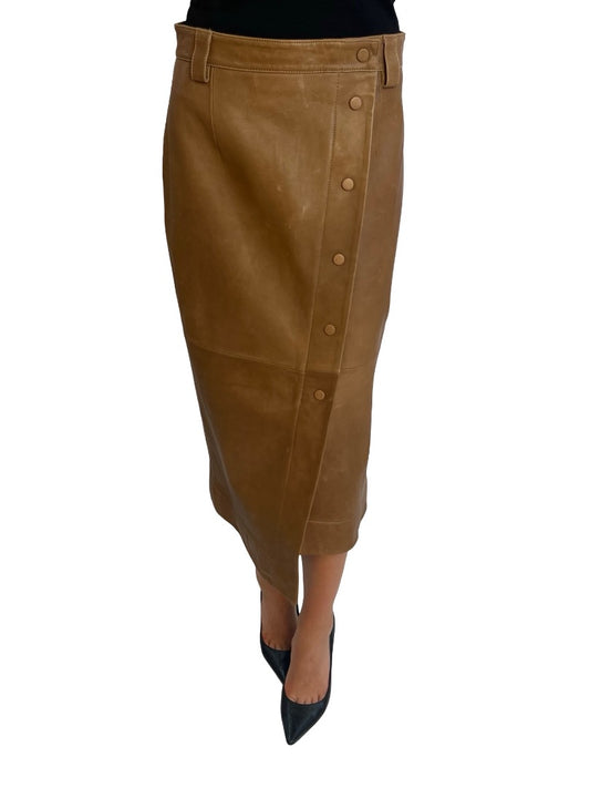 Ena Pelly Camel Leather Buttoned Skirt. Size: 12