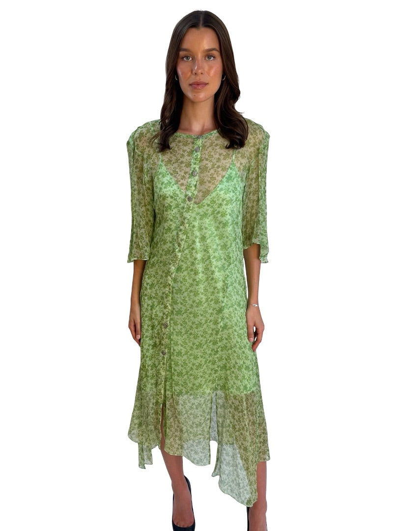 Acne Studios Green Short Sleeve Sheer Print Dress. Size: 38