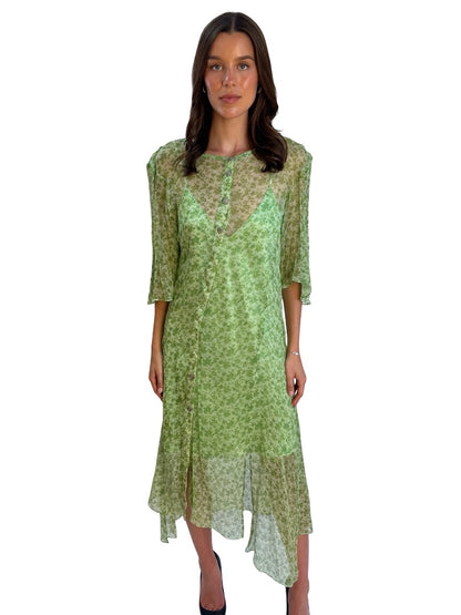 Acne Studios Green Short Sleeve Sheer Print Dress. Size: 38