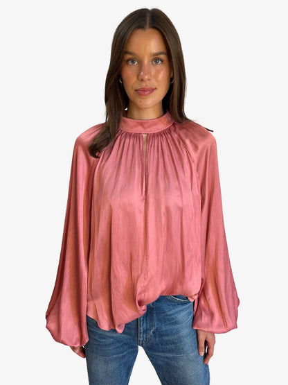 Luxe Deluxe Pink Satin Longsleeve Blouse. Size:  10