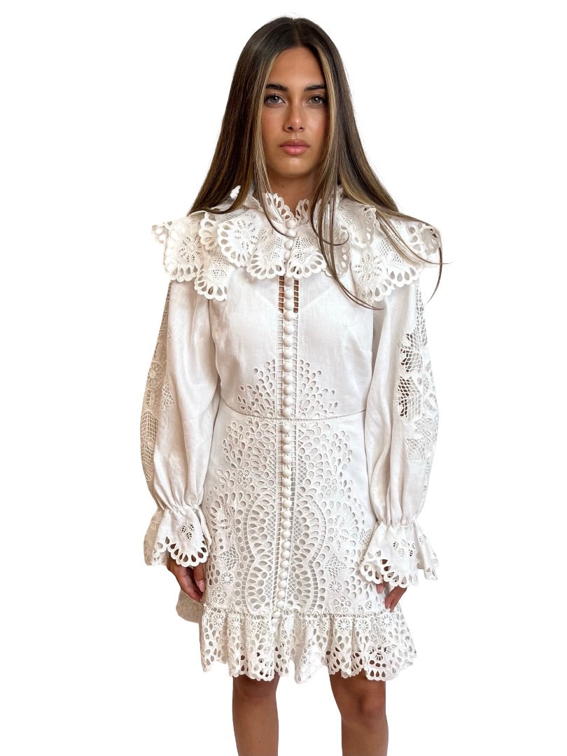 Zimmermann White Embroidered Cut Out Long Sleeve Mini Dress. Size: 1
