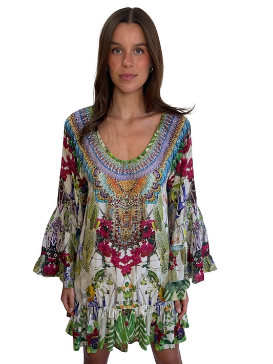 Camilla Green/Multi Floral Jewelled Mini Dress. Size: XS