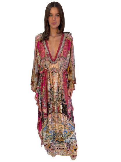 Camilla Pink 'Lounge Hour' V Neck Silk Kaftan W Waist Tie. Size: L/XL