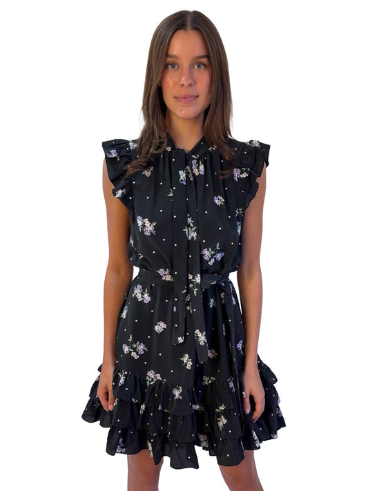 Zimmermann Black/Purple Floral Sleeveless Ruffle Belted Silk Dress. Size: 3