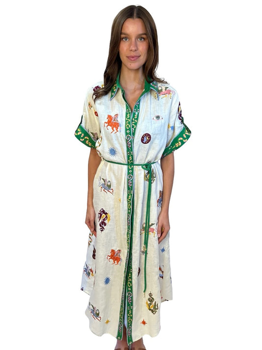 Alemais Neutral / Multi-Colour Seeker Embroidered Linen Shirt Dress. Size: 8