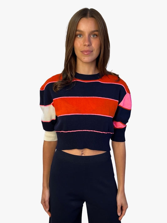 La Fetiche Navy / Red / Pink Luna Cropped Striped Sweater. Size: M
